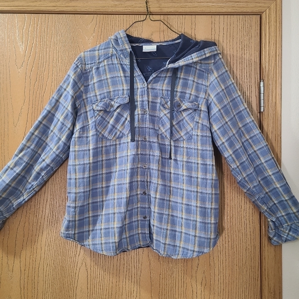 Columbia Plaid Hooded Button Up Shirt